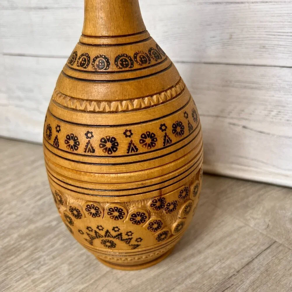 Wood Vase Whimsical Stamp Pattern Primitive Farmhouse Rustic Decor